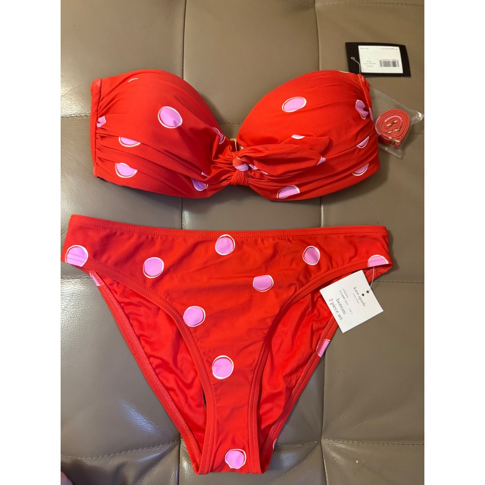 Kate Spade Goji Berry Polka Dot Bandeau Bikini Set Red Pink New